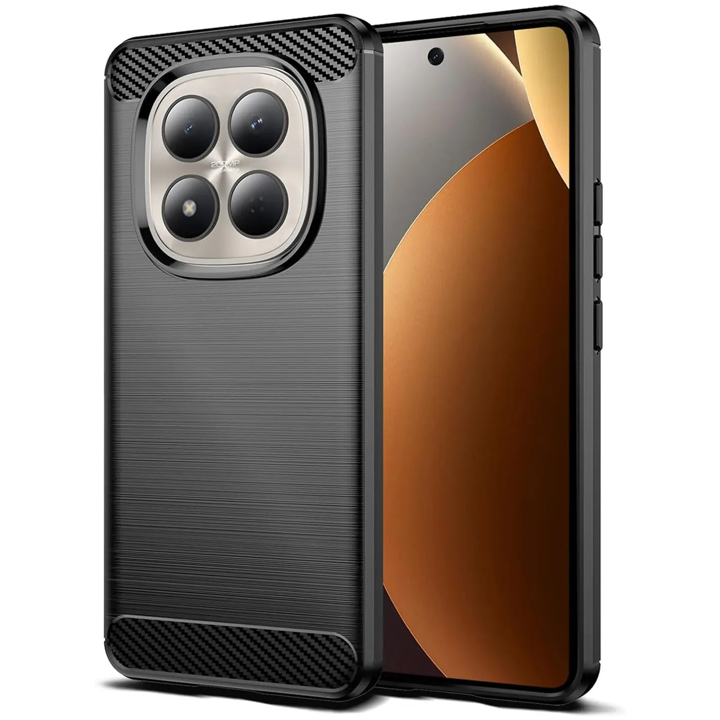 Schwarze Carbon-Hülle mit gebürsteter Textur, seitliche Ansicht, zeigt Smartphone-Kamera-Modul.