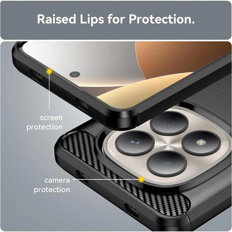 Schwarze Carbon-Hülle mit erhöhten Rändern für Xiaomi Redmi Note 15 Pro 4G, Nahaufnahme.