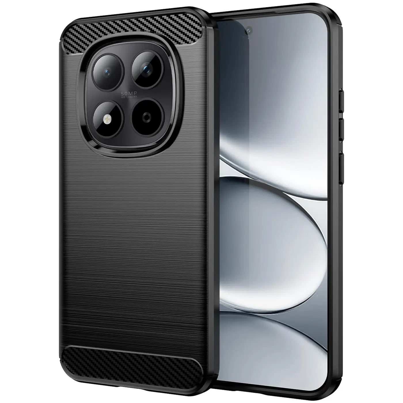 Schwarze Carbon-Hülle, von vorne/leicht schräg, zeigt Xiaomi Redmi Note 15 Pro 5G.