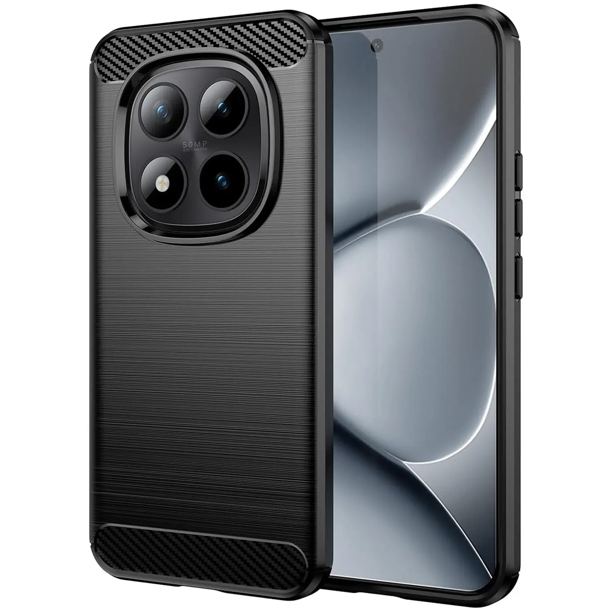 Schwarze Carbon-Hülle mit gebürsteter Oberfläche, von vorne links, zeigt Xiaomi Redmi Note 15 Pro+ 5G.
