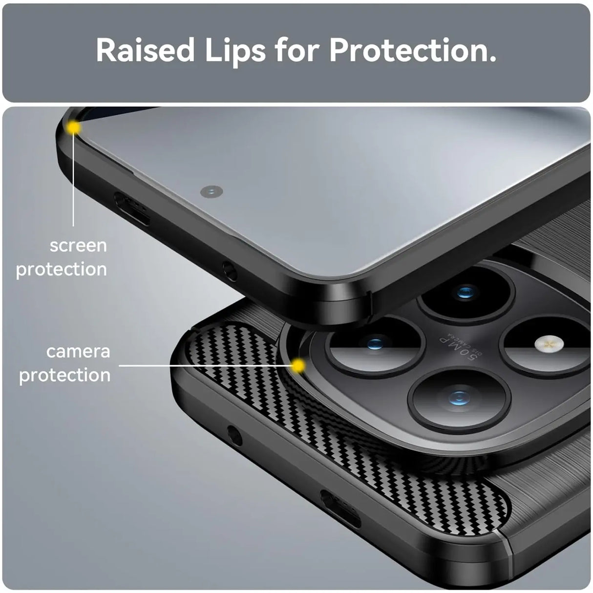 Schwarze Carbon-Hülle, Nahaufnahme, zeigt erhöhte Lippen für Bildschirm- und Kameraschutz am Xiaomi Redmi Note 15 Pro+ 5G.
