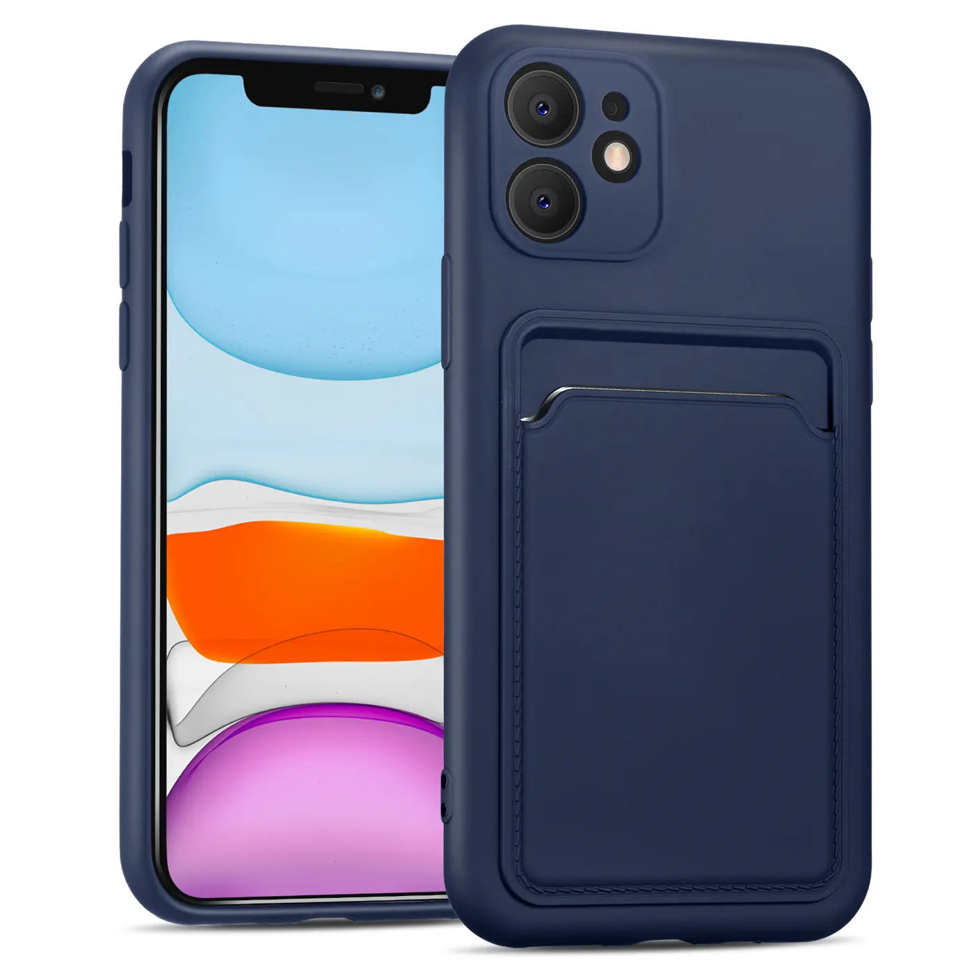 Dunkelblaue Slim Hülle aus Kunststoff mit Kartenfach für iPhone 11, Vorder- und Rückansicht.