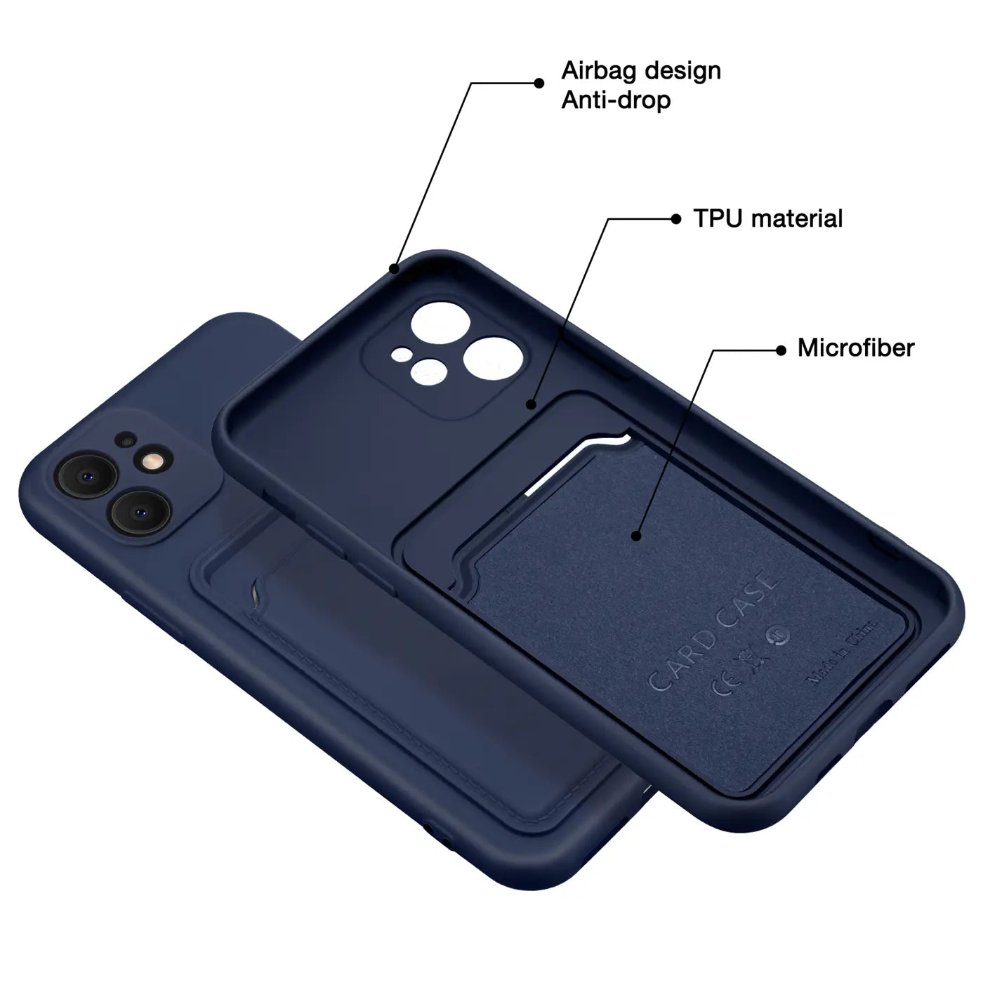 Dunkelblaue TPU-Hülle mit Kartenfach für iPhone 11, von innen und außen gezeigt.