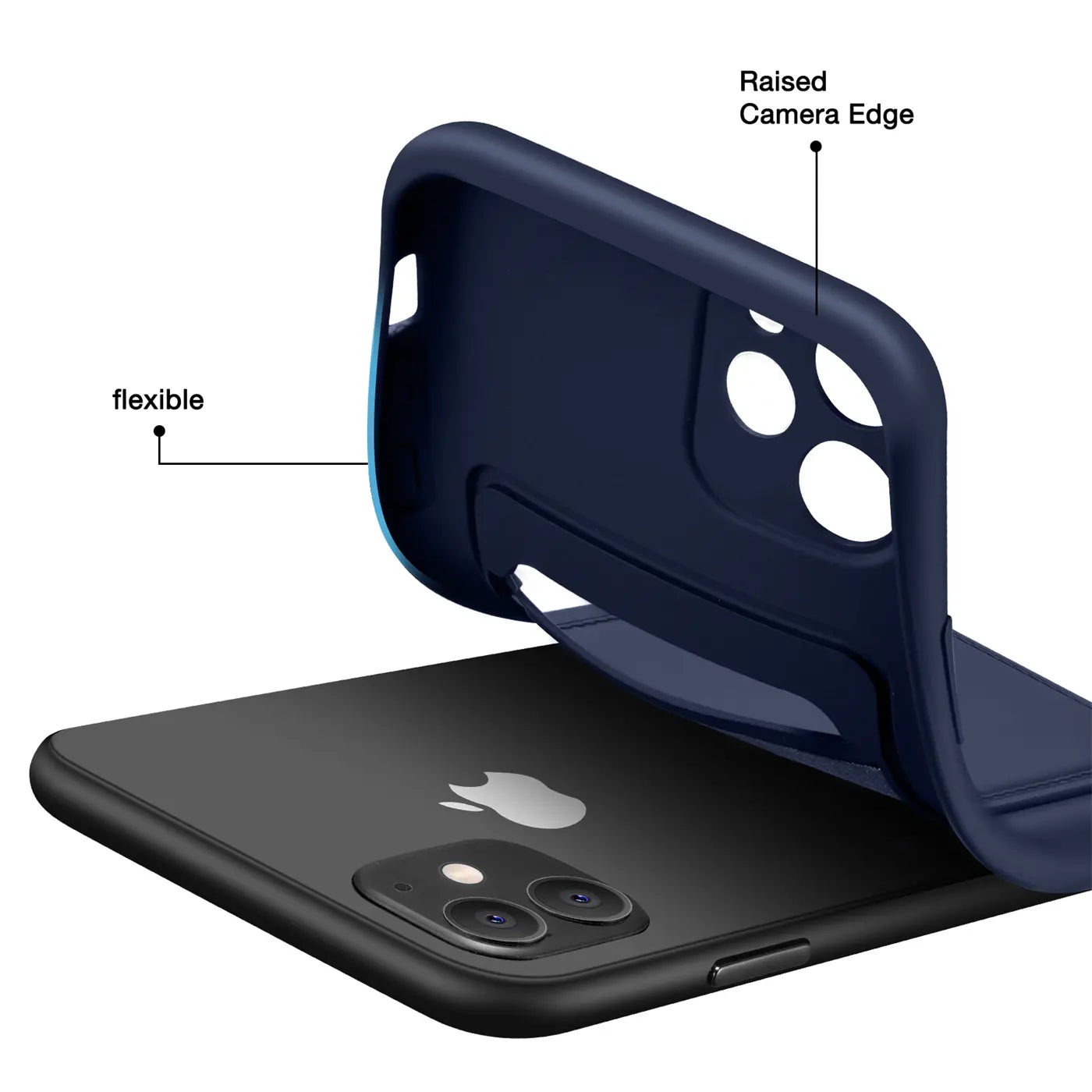 Dunkelblaue, flexible Hülle aus Kunststoff, die auf ein iPhone 11 aufgesetzt wird.