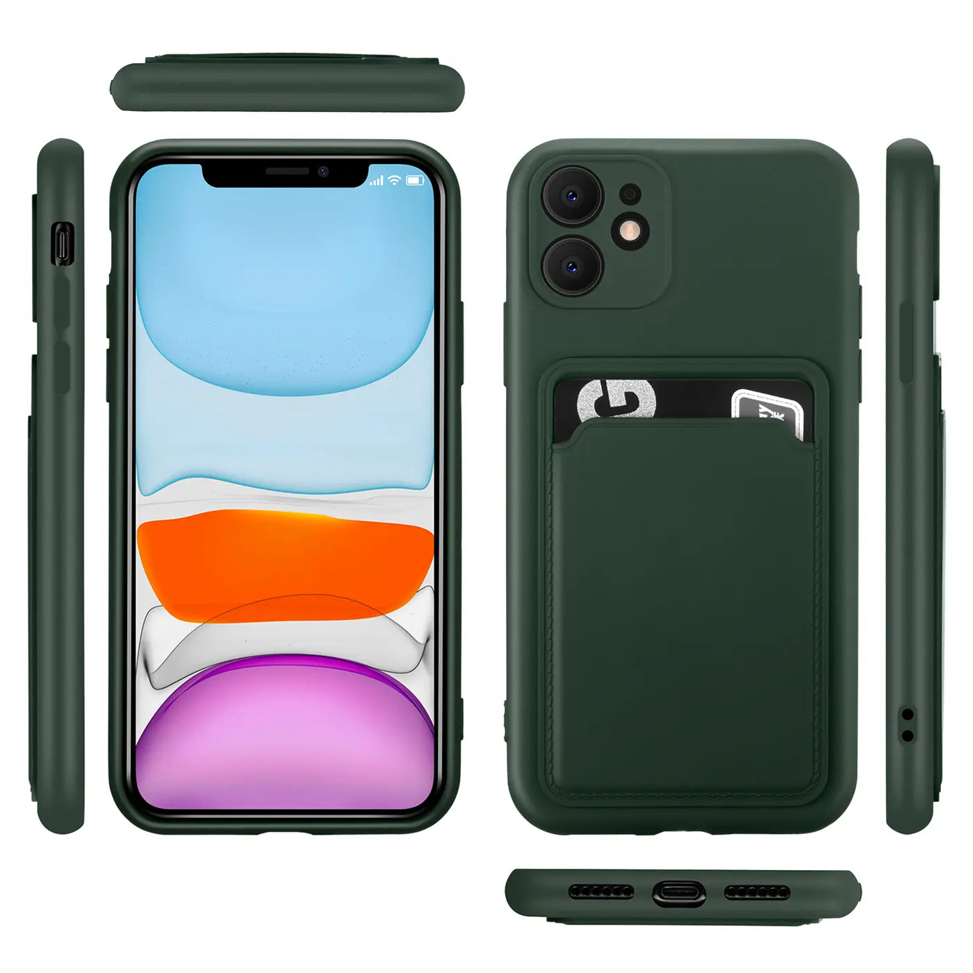 Dunkelgrüne Slim Hülle aus Kunststoff mit Kartenfach für iPhone 11, verschiedene Ansichten.