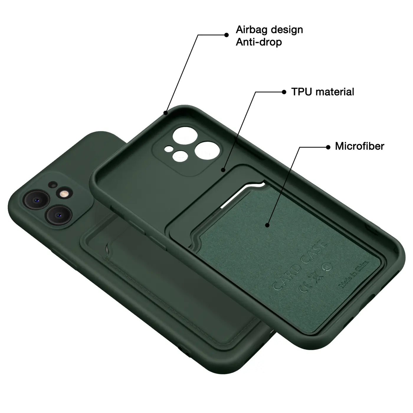 Dunkelgrüne TPU-Hülle mit Kartenfach für iPhone 11, von oben/schräg gezeigt.
