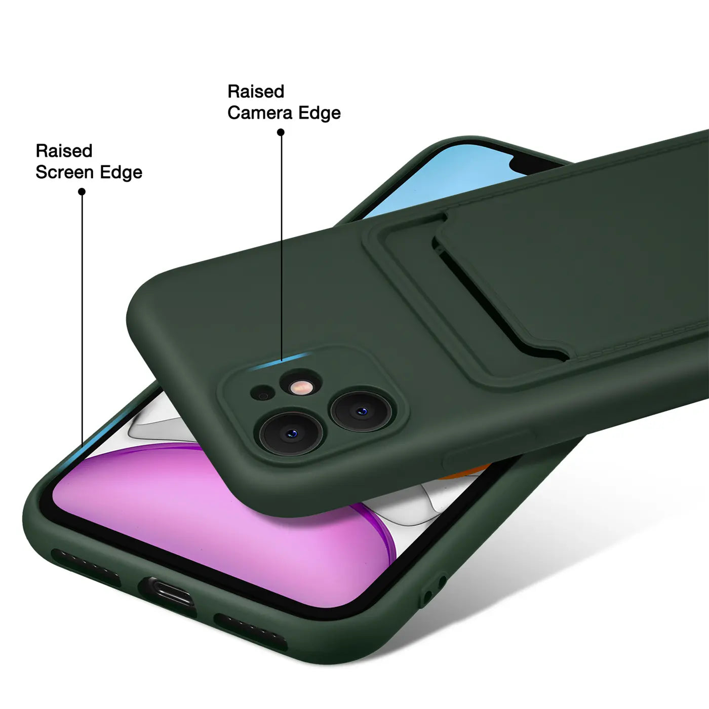 Dunkelgrüne Handyhülle aus Kunststoff mit Kartenfach, zeigt iPhone 11, von schräg oben