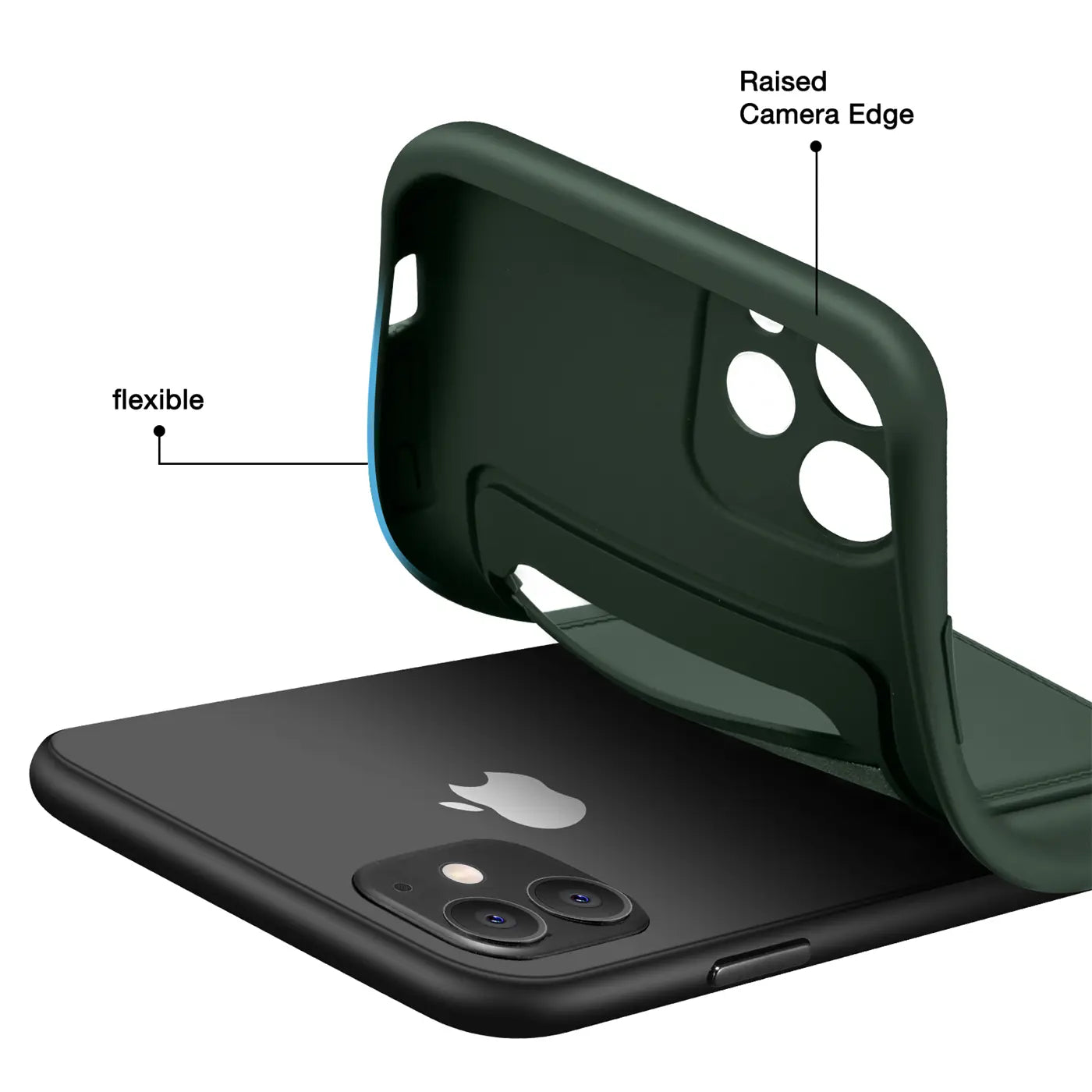 Dunkelgrüne, flexible Hülle aus Gummi wird auf ein schwarzes iPhone 11 aufgesetzt.