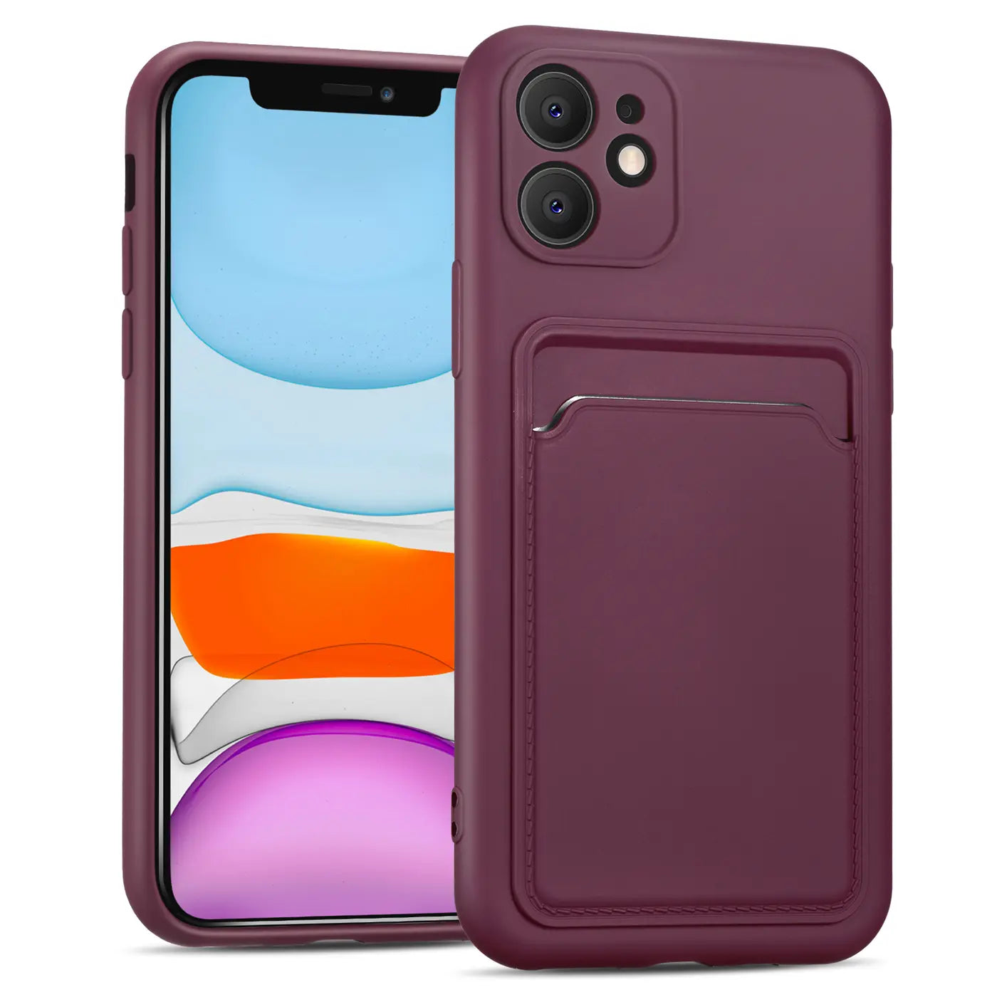 Dunkelrote Hülle mit Kartenfach für iPhone 11, aus Kunstleder, von vorne links, mit Gerät.