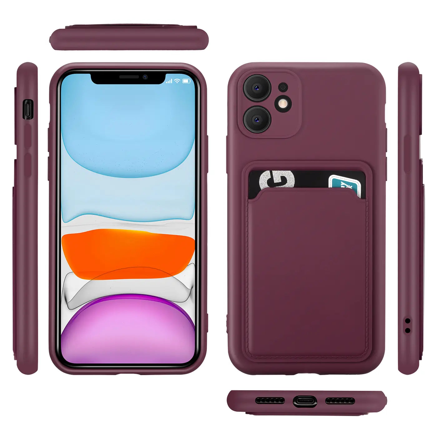 Dunkelrote Slim Hülle mit Kartenfach für iPhone 11, aus Silikon, verschiedene Ansichten.
