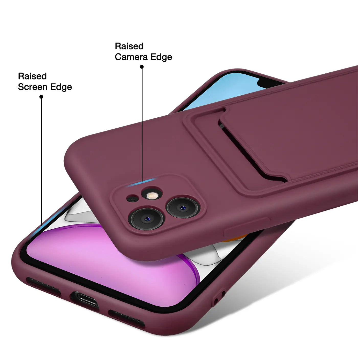 Dunkelrote Slim Hülle mit Kartenfach, aus Kunststoff, von schräg oben, auf iPhone 11