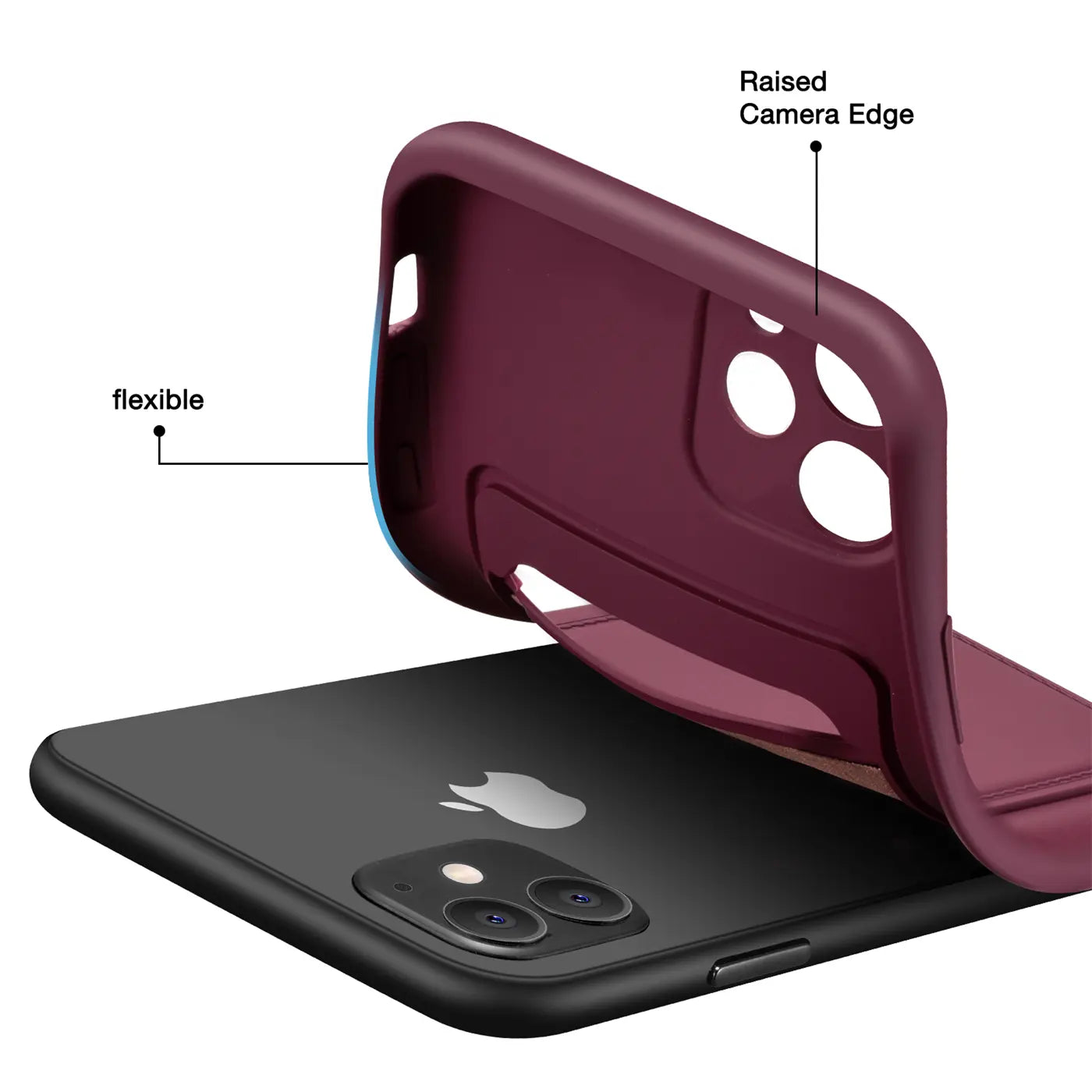Bordeauxrote Hülle, flexibel, auf iPhone 11 aufgesetzt, von oben gesehen.