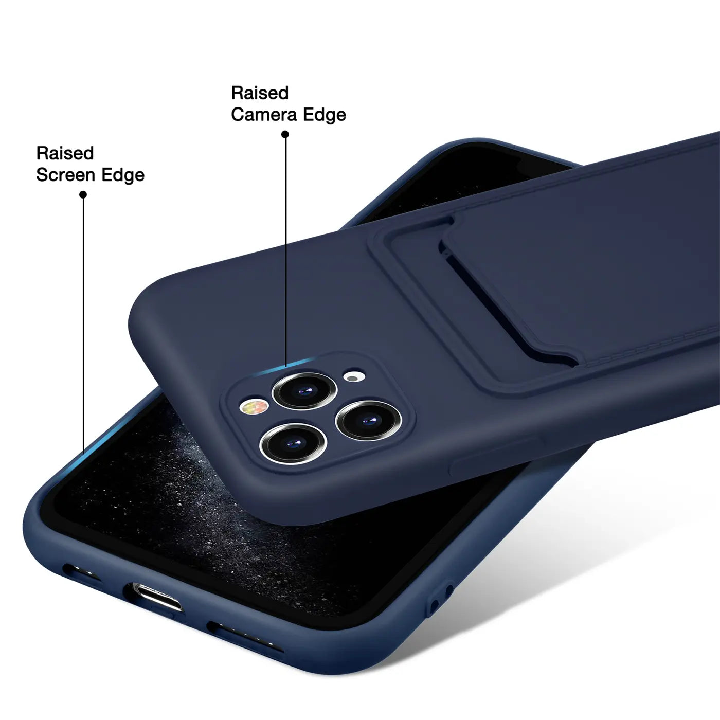 Dunkelblaue Slim Hülle mit Kartenfach, aus Kunststoff, zeigt iPhone 11 Pro Kameras.