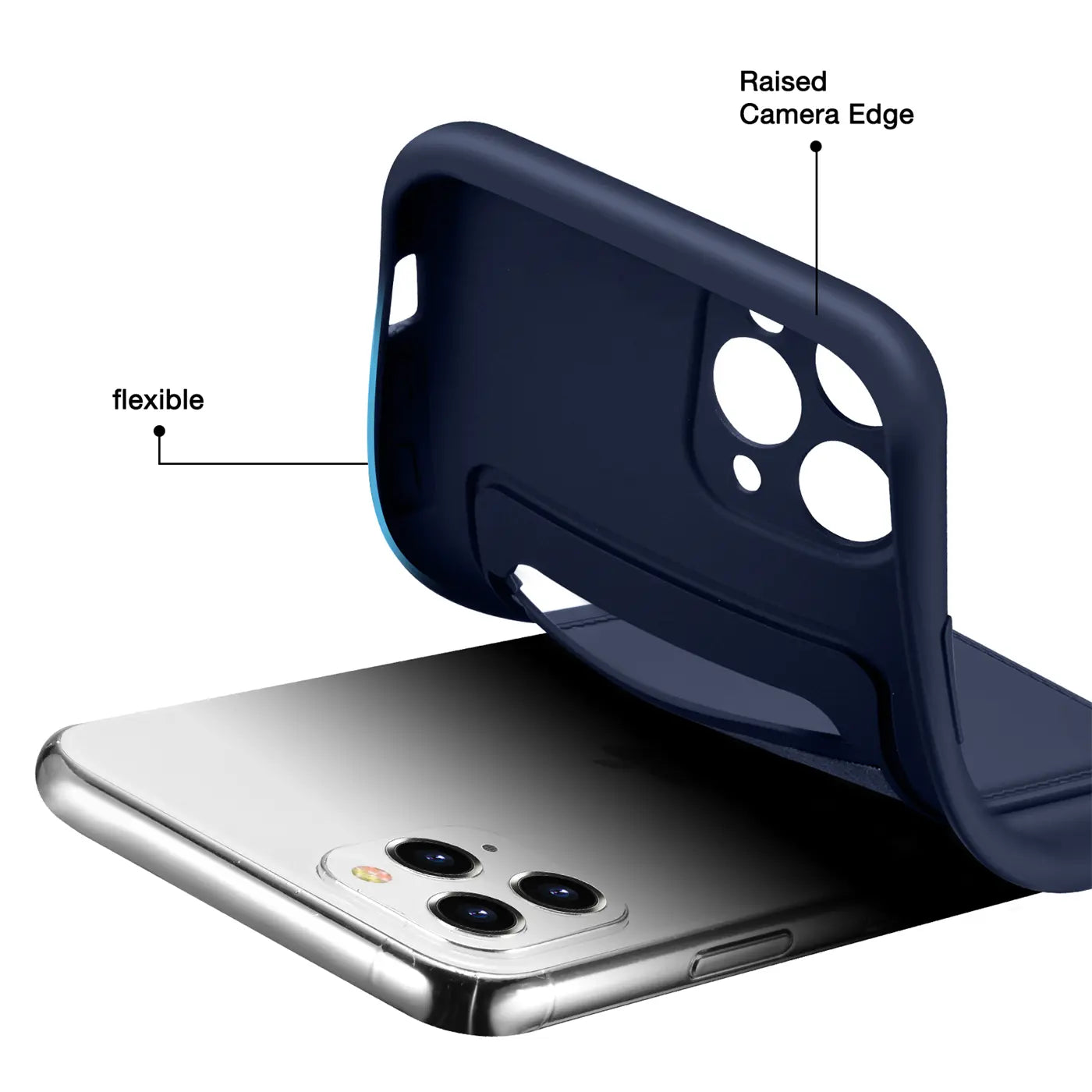 Dunkelblaue flexible Hülle aus TPU über iPhone 11 Pro, Seitenansicht.