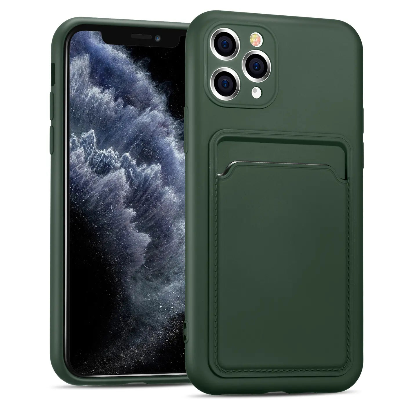 Dunkelgrüne Handyhülle aus Leder mit Kartenfach für iPhone 11 Pro, von vorne.