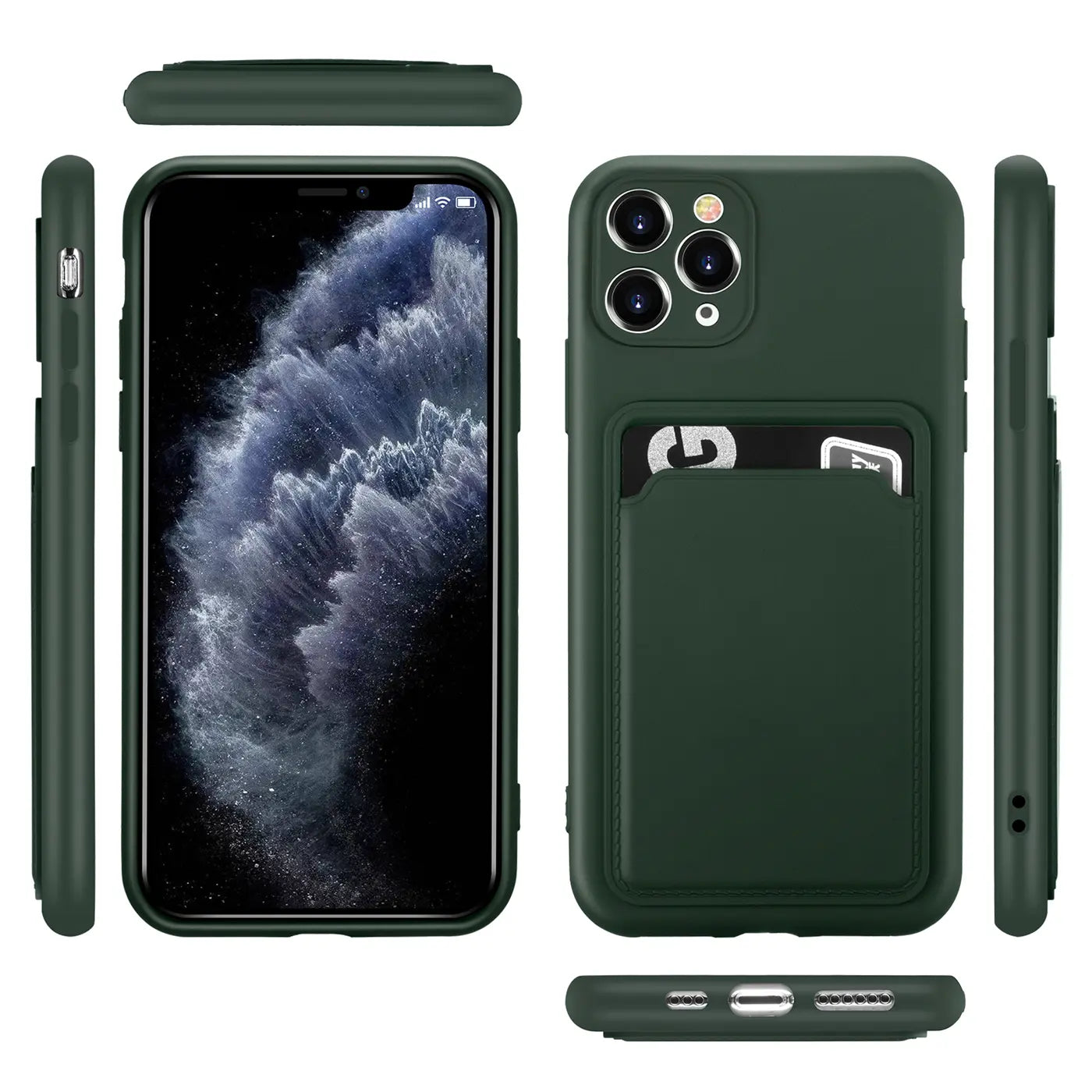 Dunkelgrüne Slim Hülle mit Kartenfach für iPhone 11 Pro, verschiedene Ansichten.