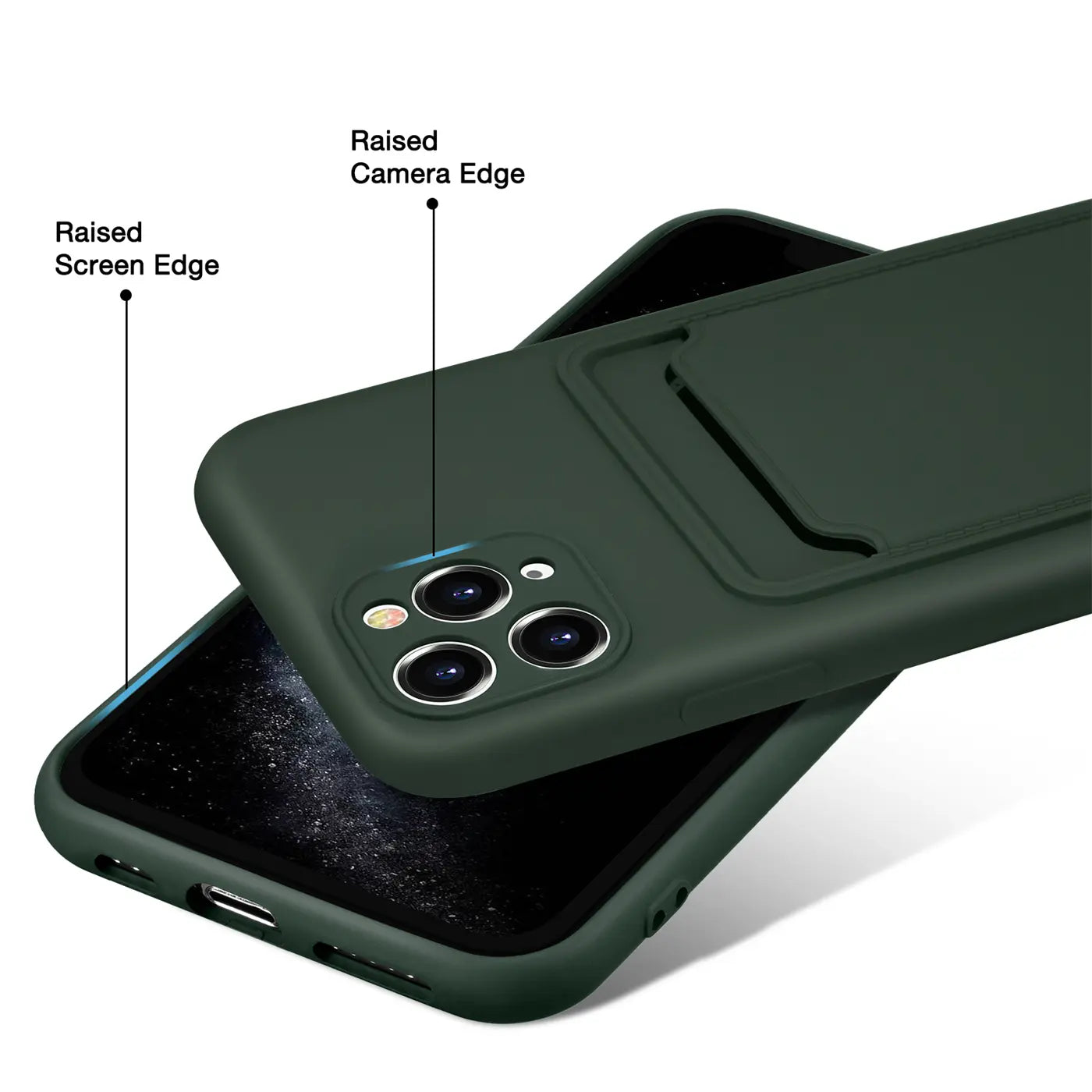 Dunkelgrüne Slim Hülle mit Kartenfach für iPhone 11 Pro, von schräg oben