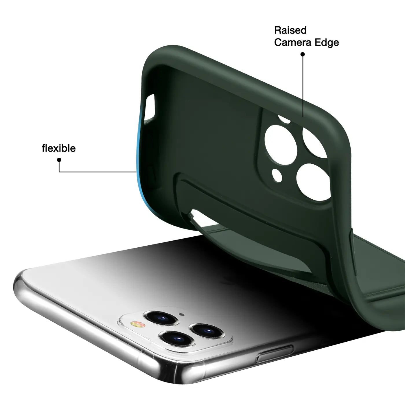 Dunkelgrüne Hülle aus flexiblem Material, von oben auf ein iPhone 11 Pro gelegt.