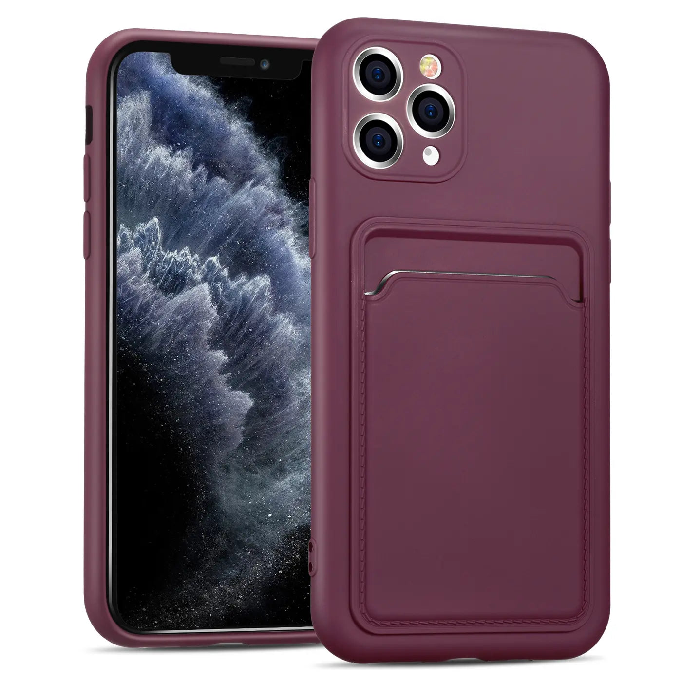 Dunkelrote Hülle mit Kartenfach für iPhone 11 Pro, aus Kunstleder, Seitenansicht.