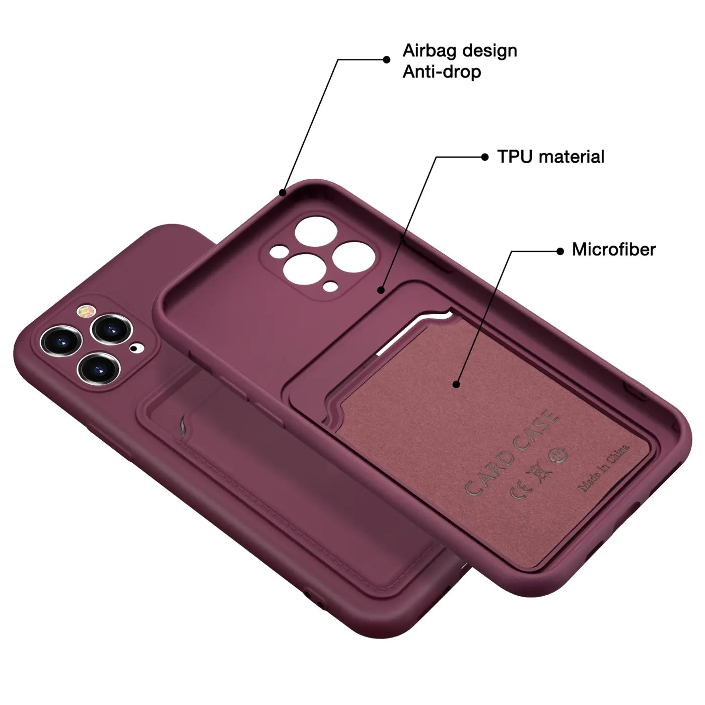 Dunkelrote TPU-Hülle mit Kartenfach für iPhone 11 Pro, von schräg oben gezeigt.