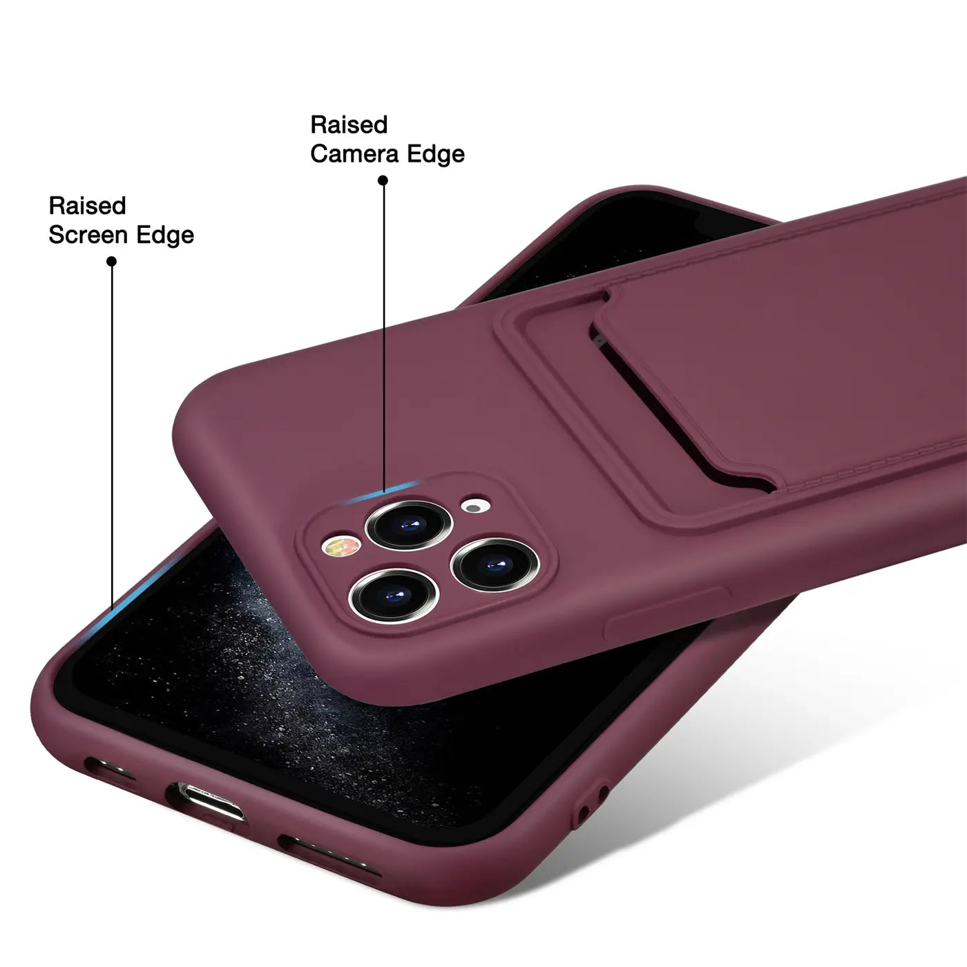 Bordeauxrote Slim Hülle mit Kartenfach für iPhone 11 Pro, von schräg oben, mit hervorgehobenen Kanten.