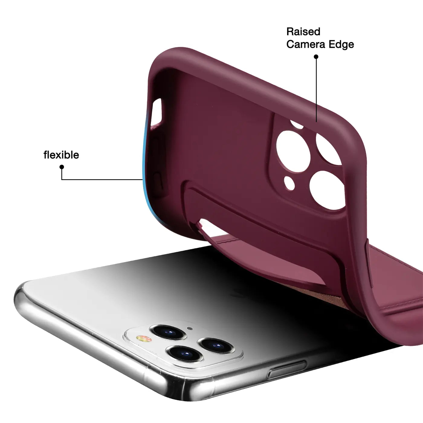 Bordeauxrote Hülle mit Kartenfach, flexibel, auf iPhone 11 Pro aufgesetzt