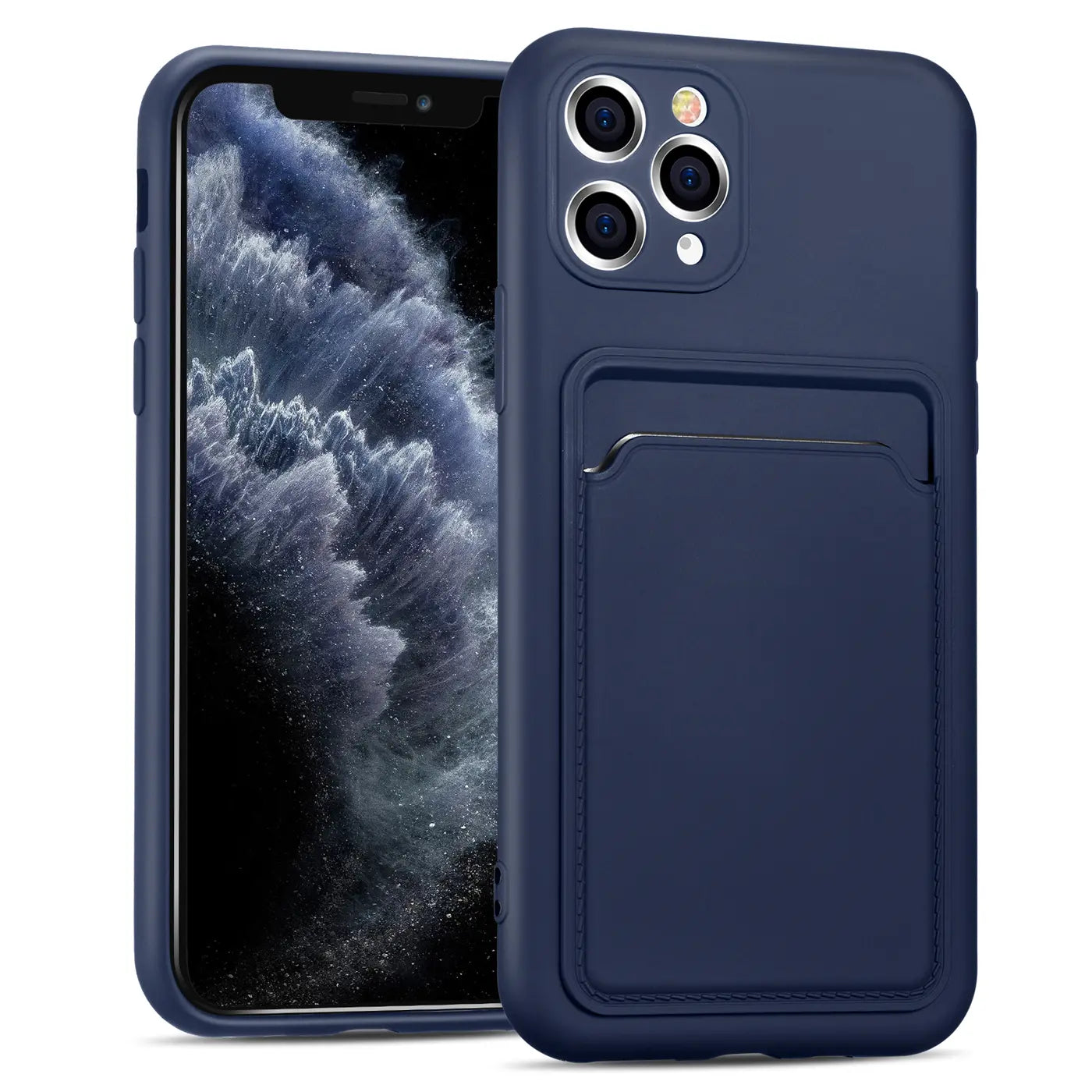 Dunkelblaue Handyhülle aus Kunststoff mit Kartenfach, Vorderansicht, iPhone 11 Pro Max.