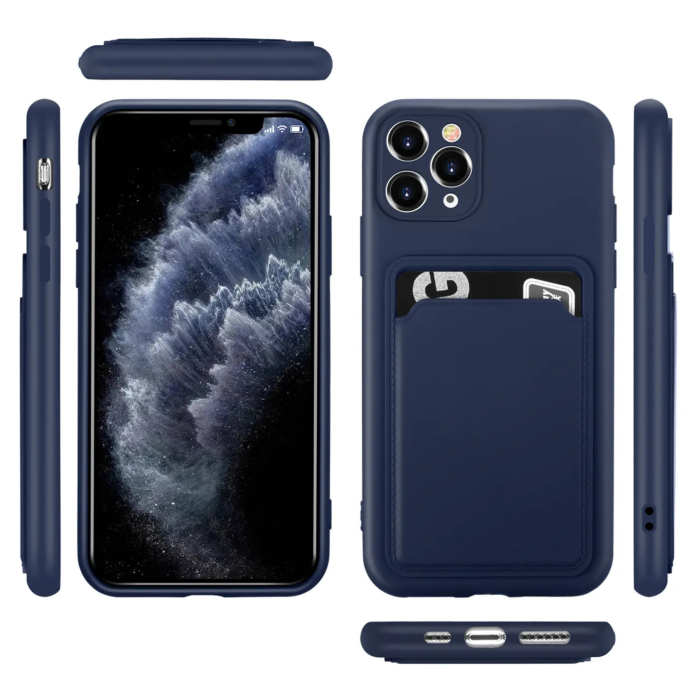 Dunkelblaue Hülle mit Kartenfach für iPhone 11 Pro Max, verschiedene Ansichten, mattes Material