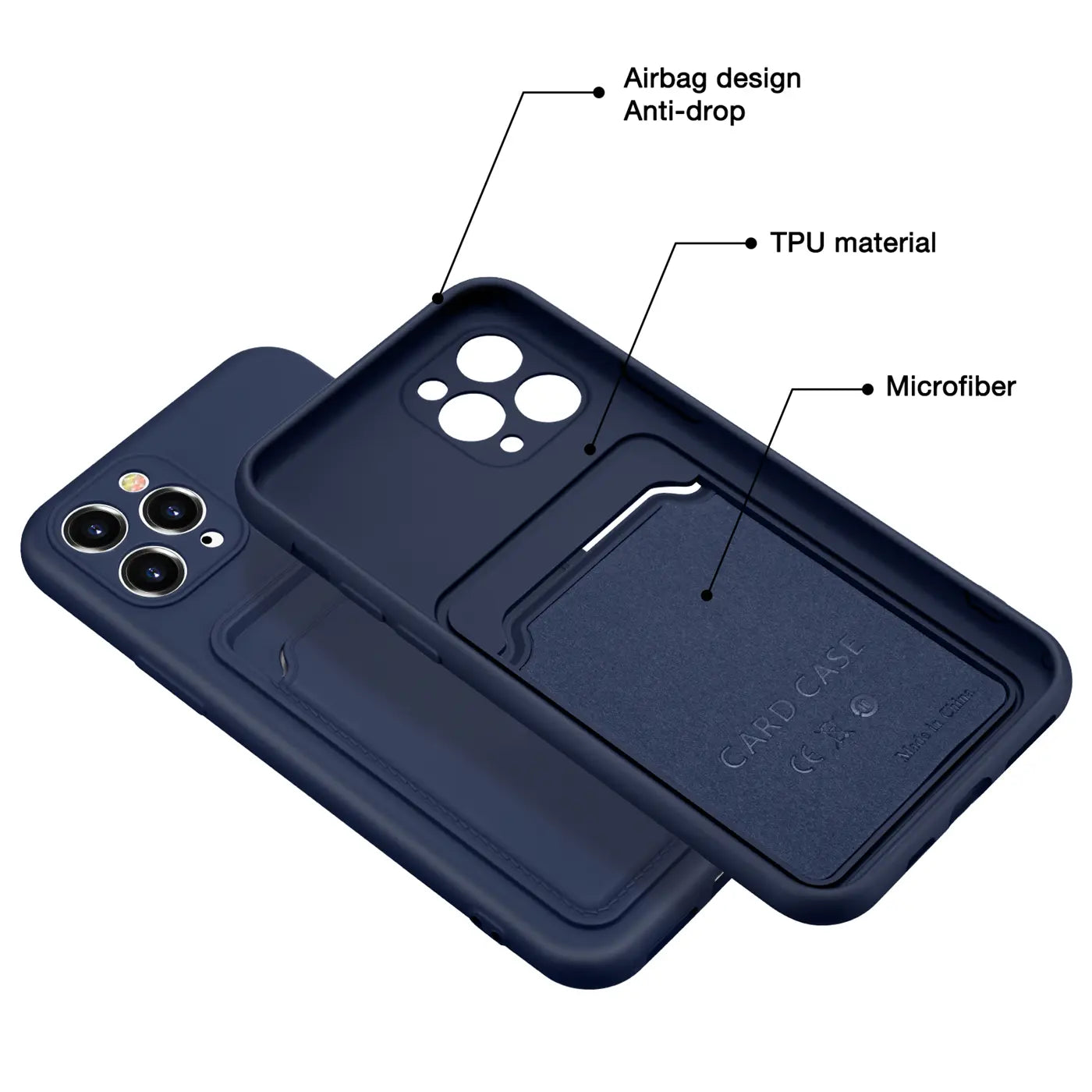 Dunkelblaue TPU-Hülle mit Kartenfach für iPhone 11 Pro Max, von schräg oben gezeigt.