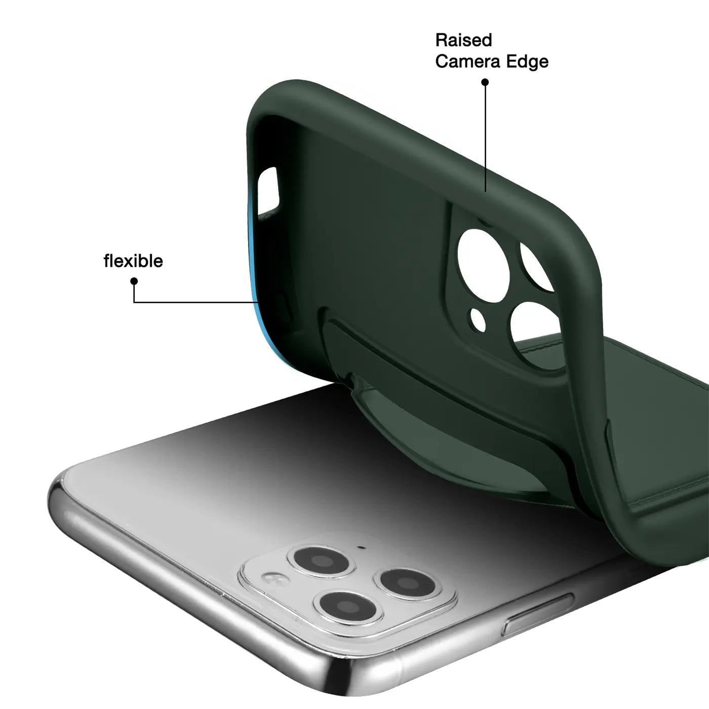 Dunkelgrüne flexible Hülle mit Kartenfach, auf iPhone 11 Pro Max gelegt, von oben.