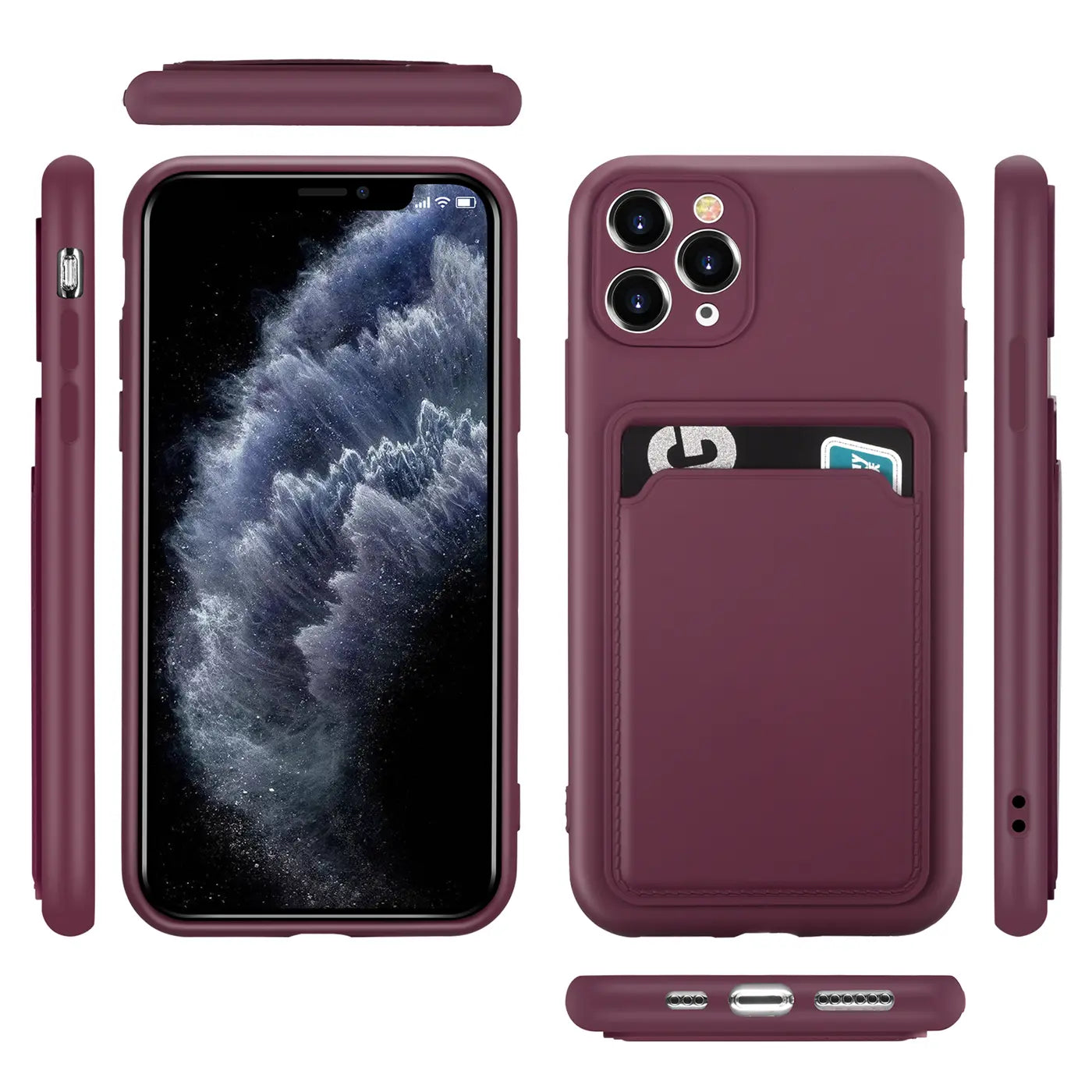Dunkelrote Handyhülle aus Silikon mit Kartenfach für iPhone 11 Pro Max, verschiedene Ansichten.