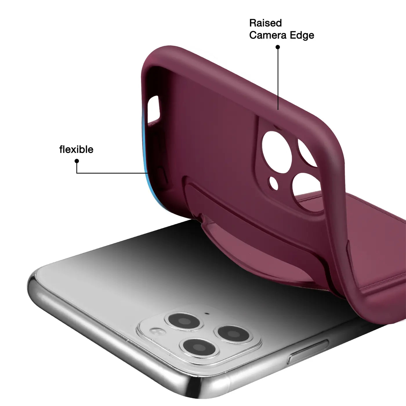 Weinrote, flexible Hülle über iPhone 11 Pro Max, Rückansicht.