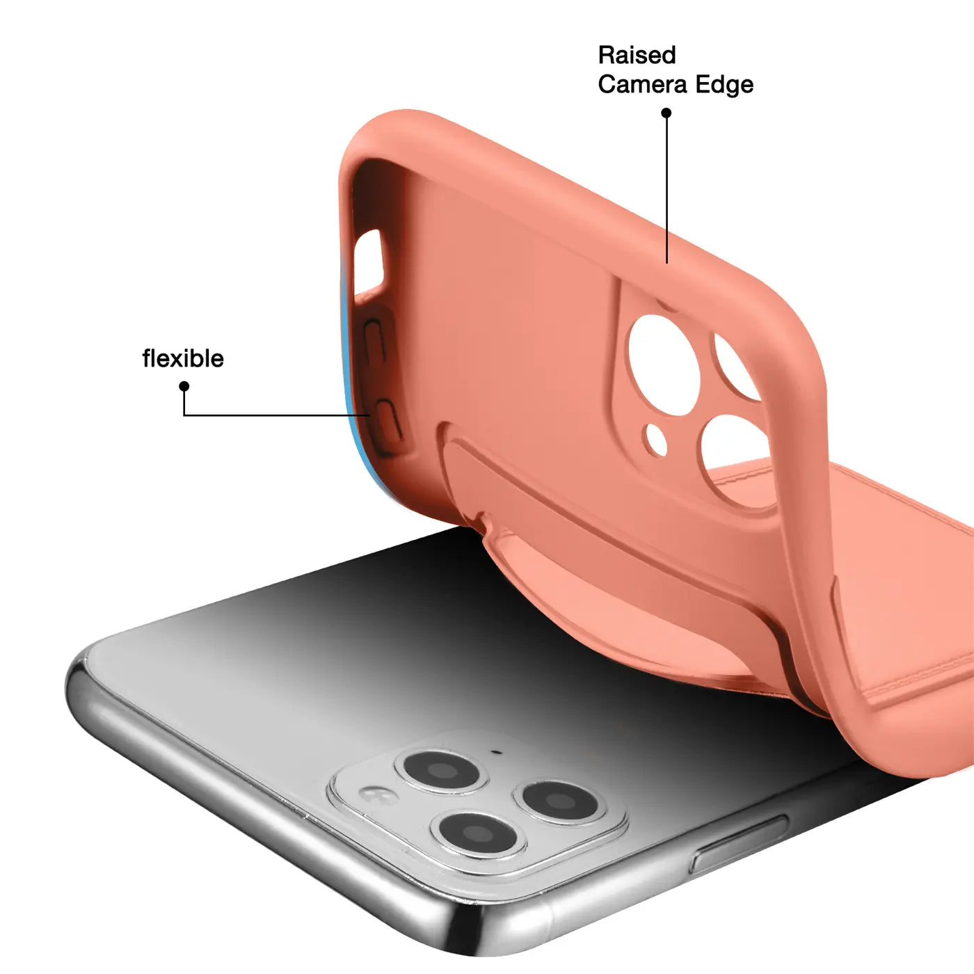 Korallenfarbene, flexible Hülle aus Silikon wird auf ein iPhone 11 Pro Max gelegt.