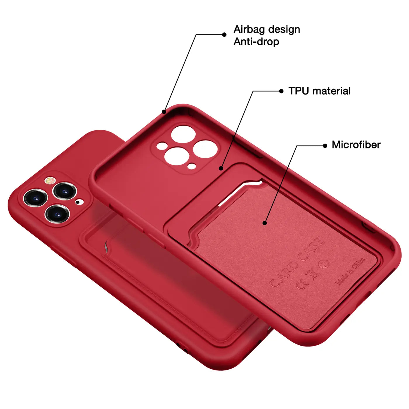 Rote TPU-Hülle mit Kartenfach für iPhone 11 Pro Max, von schräg oben fotografiert.