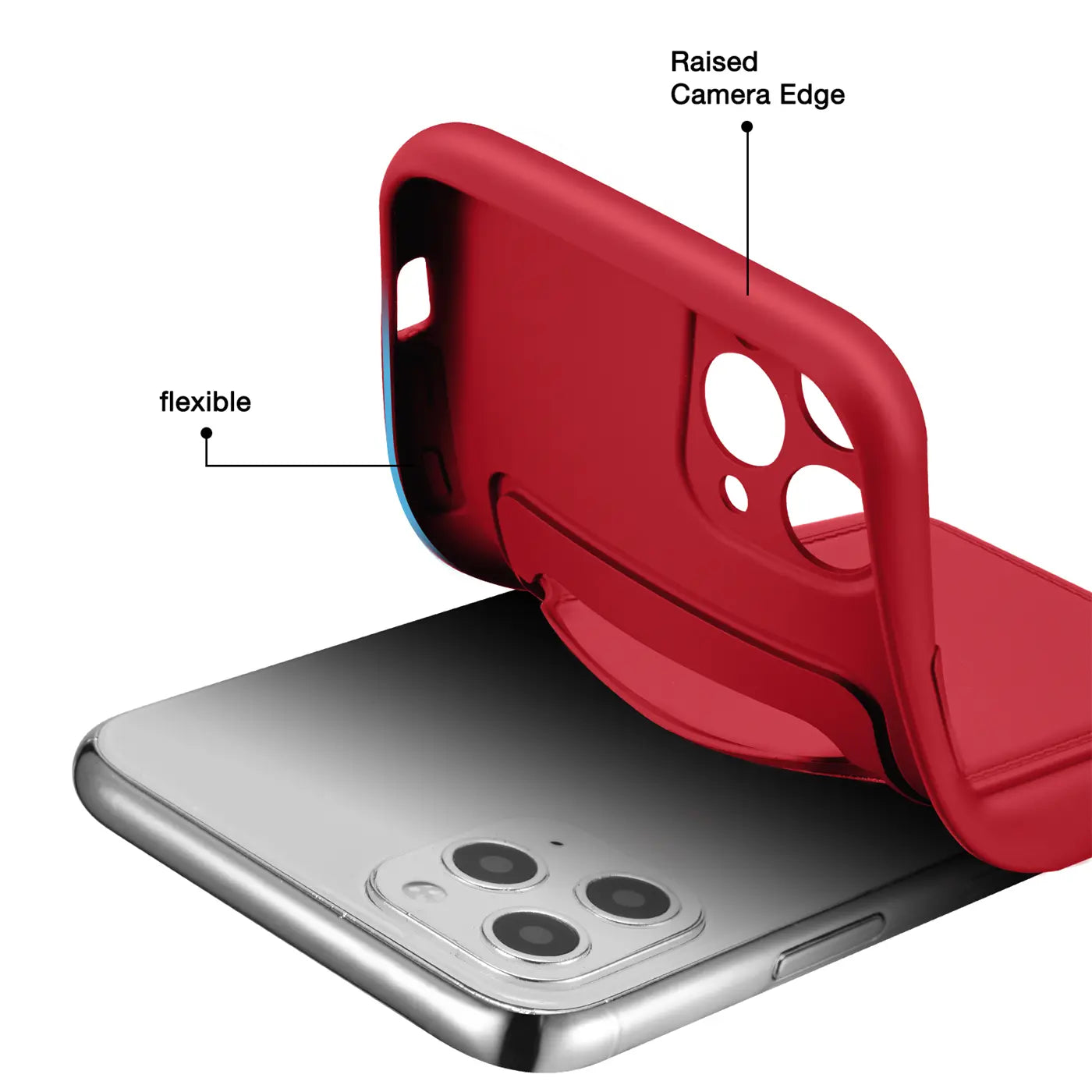 Rote flexible Hülle wird auf ein iPhone 11 Pro Max gelegt. Nahaufnahme.