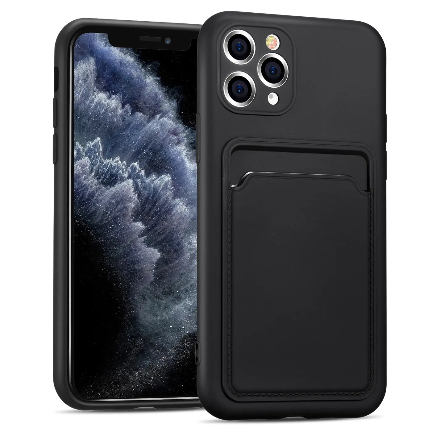 Schwarze Handyhülle aus Leder mit Kartenfach, seitliche Ansicht, iPhone 11 Pro Max.