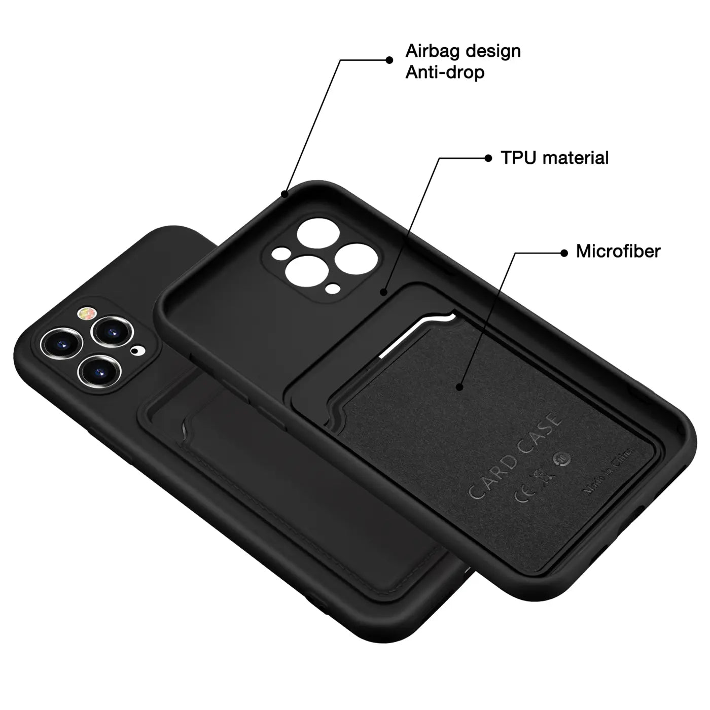 Schwarze TPU-Hülle mit Kartenfach für iPhone 11 Pro Max, von innen und außen gezeigt.