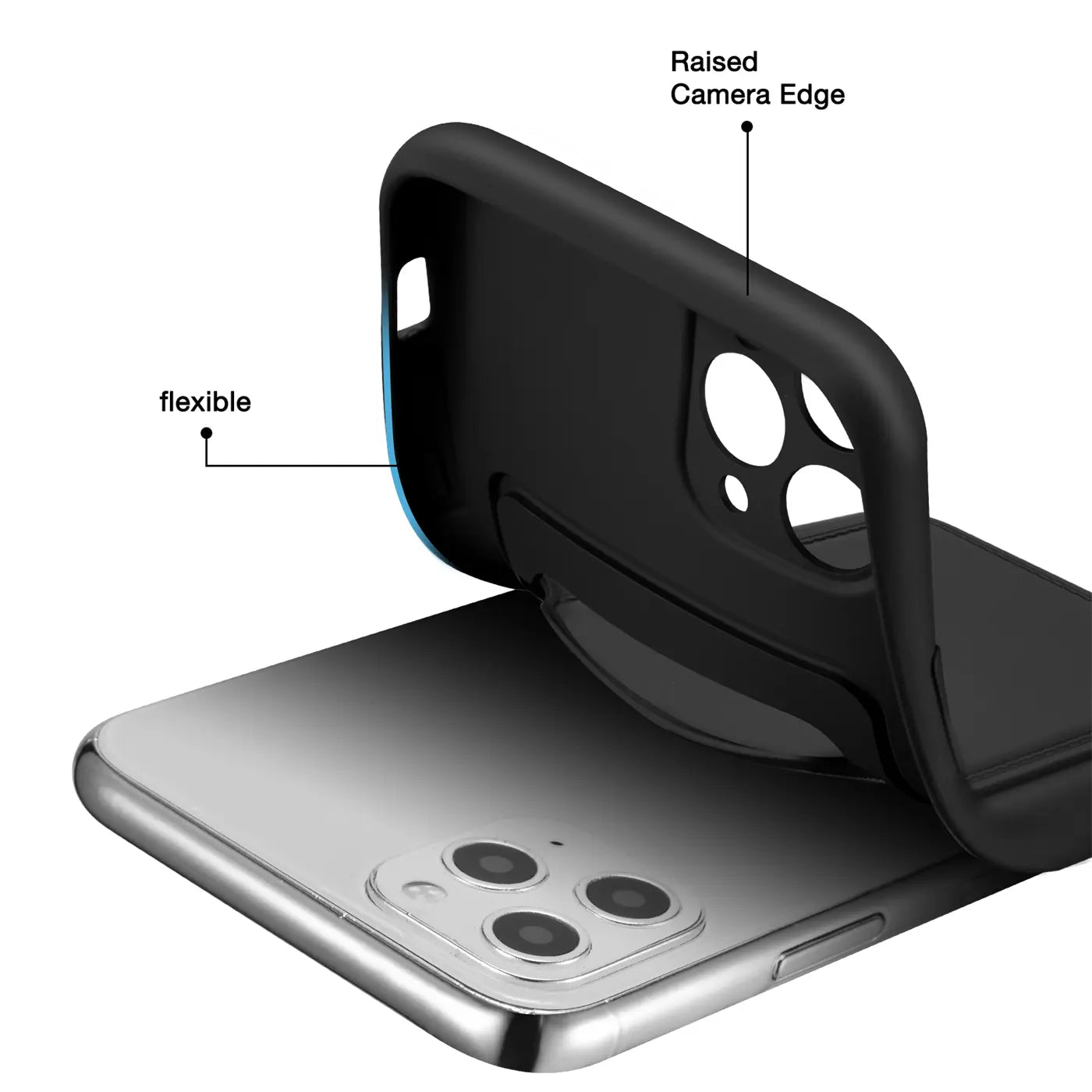 Schwarze flexible Hülle mit Kartenfach, die auf ein iPhone 11 Pro Max gelegt wird.