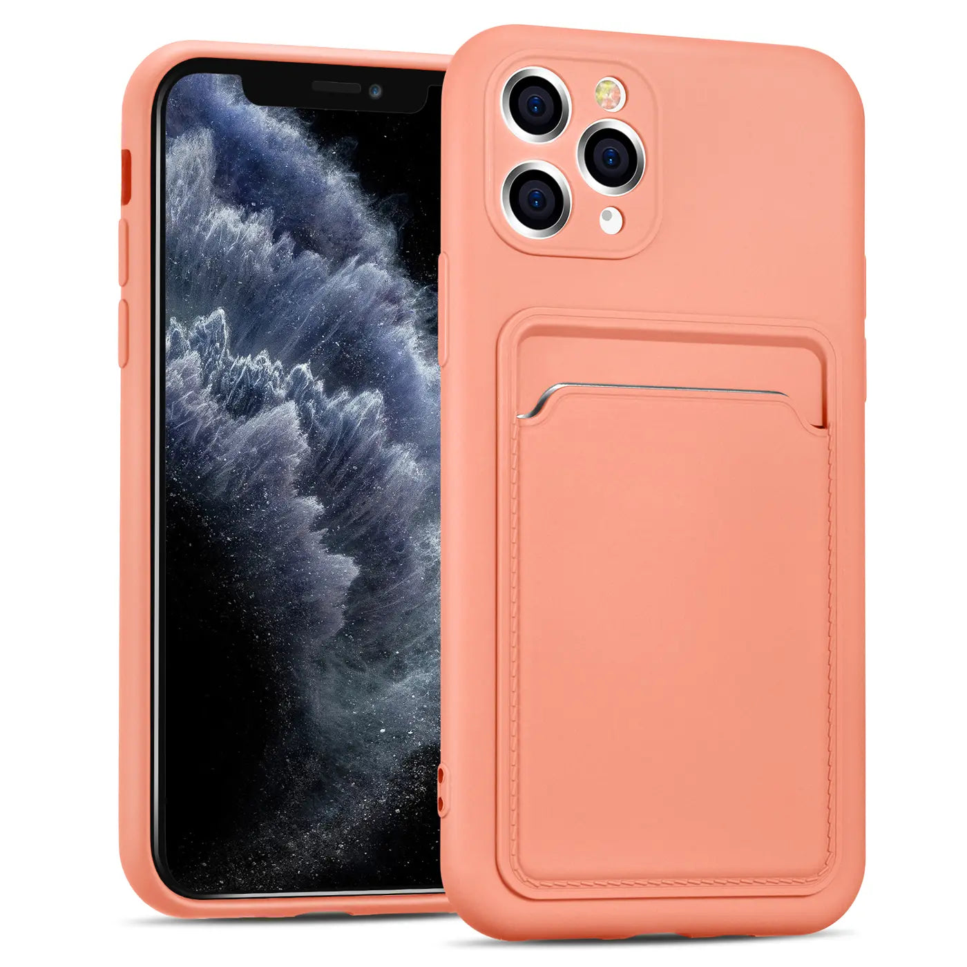 Korallefarbene Slim Hülle aus Silikon mit Kartenfach für iPhone 11 Pro, von vorne links