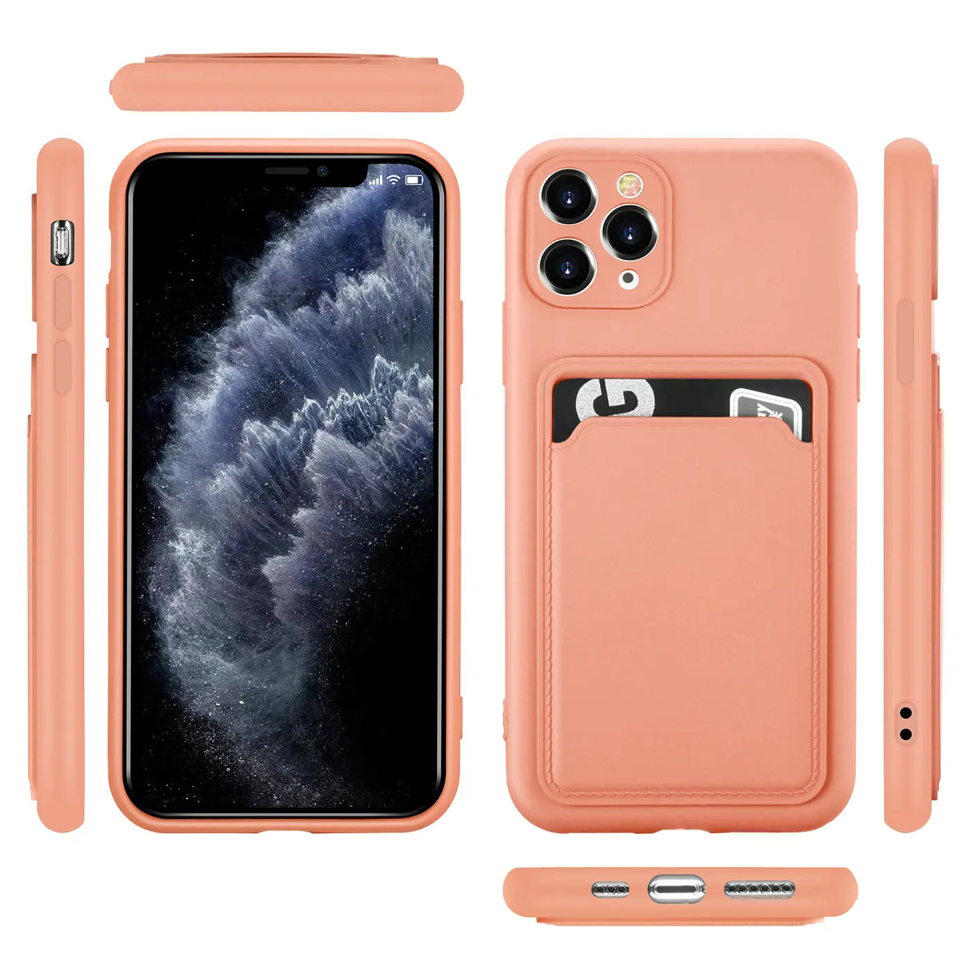 Pfirsichfarbene Hülle aus Silikon für iPhone 11 Pro mit Kartenfach, verschiedene Ansichten.