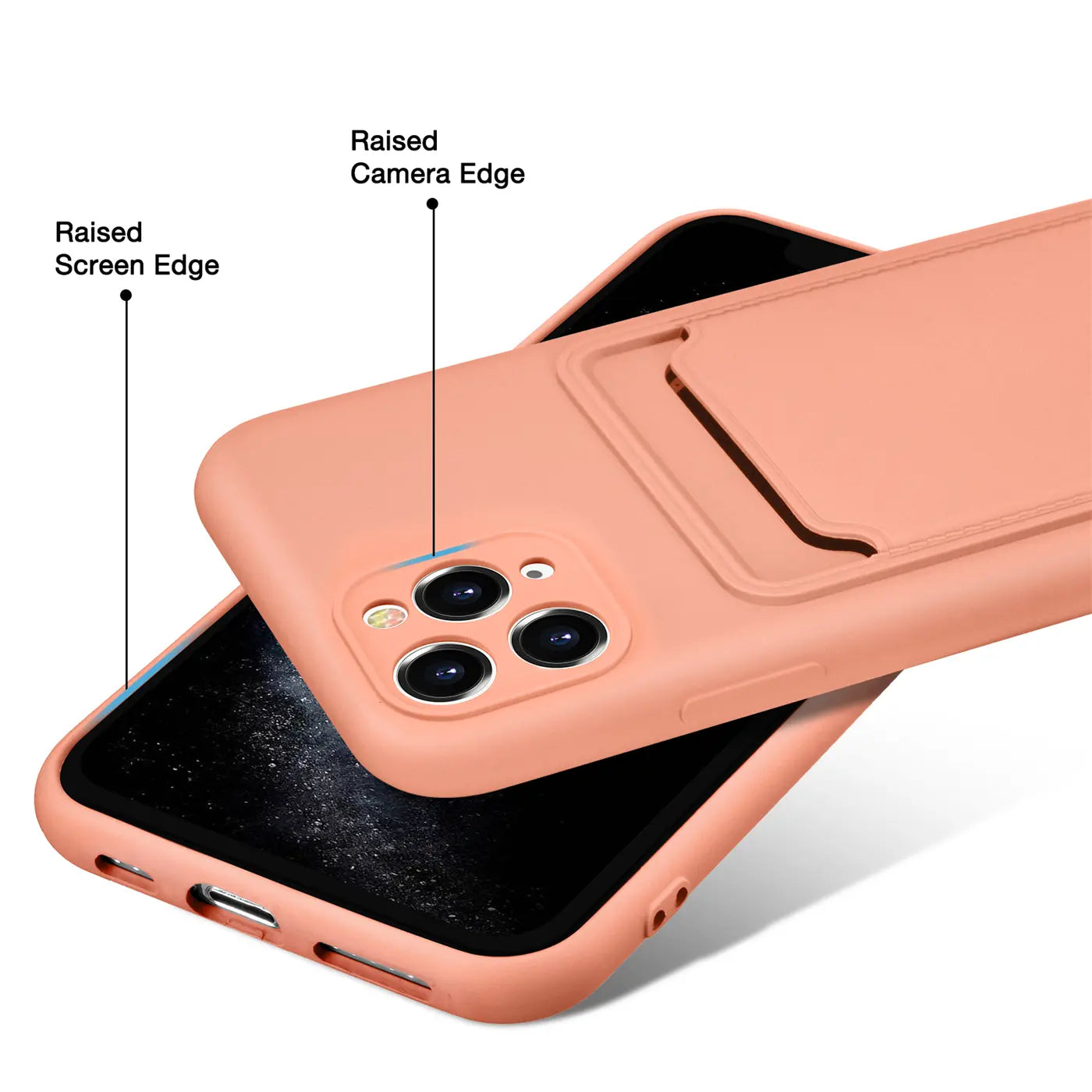 Pfirsichfarbene Slim Hülle aus Silikon mit Kartenfach für iPhone 11 Pro, Seitenansicht