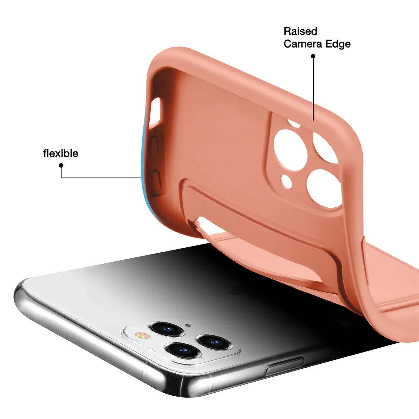 Korallefarbene, flexible Silikonhülle wird über ein iPhone 11 Pro gestülpt.