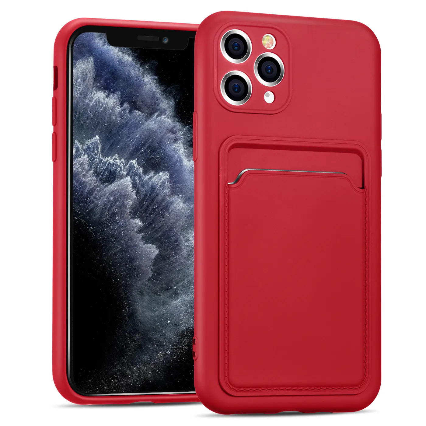 Rote Hülle mit Kartenfach für iPhone 11 Pro, aus Kunstleder, von vorne links