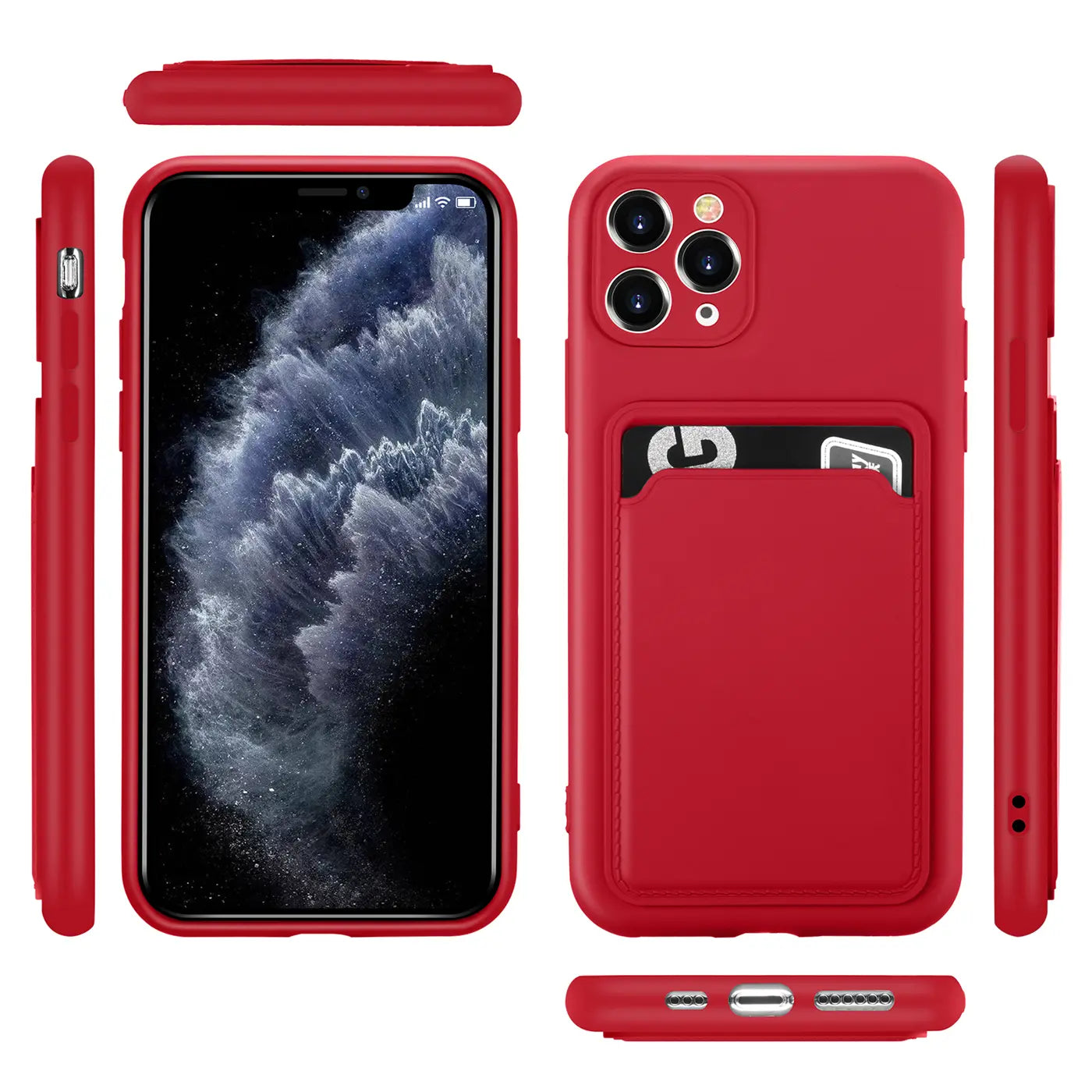 Rote Hülle mit Kartenfach für iPhone 11 Pro, verschiedene Ansichten.