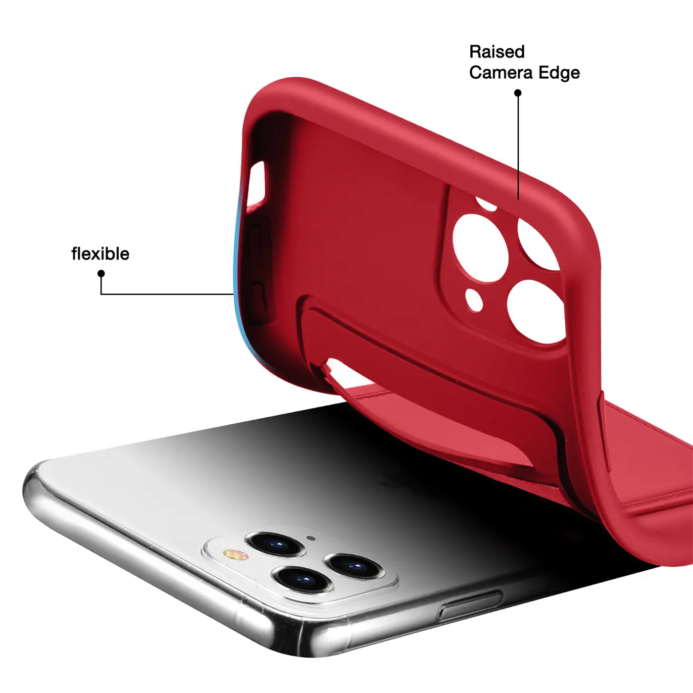 Rote flexible Hülle aus Kunststoff, von oben/seitlich auf ein iPhone 11 Pro gelegt.
