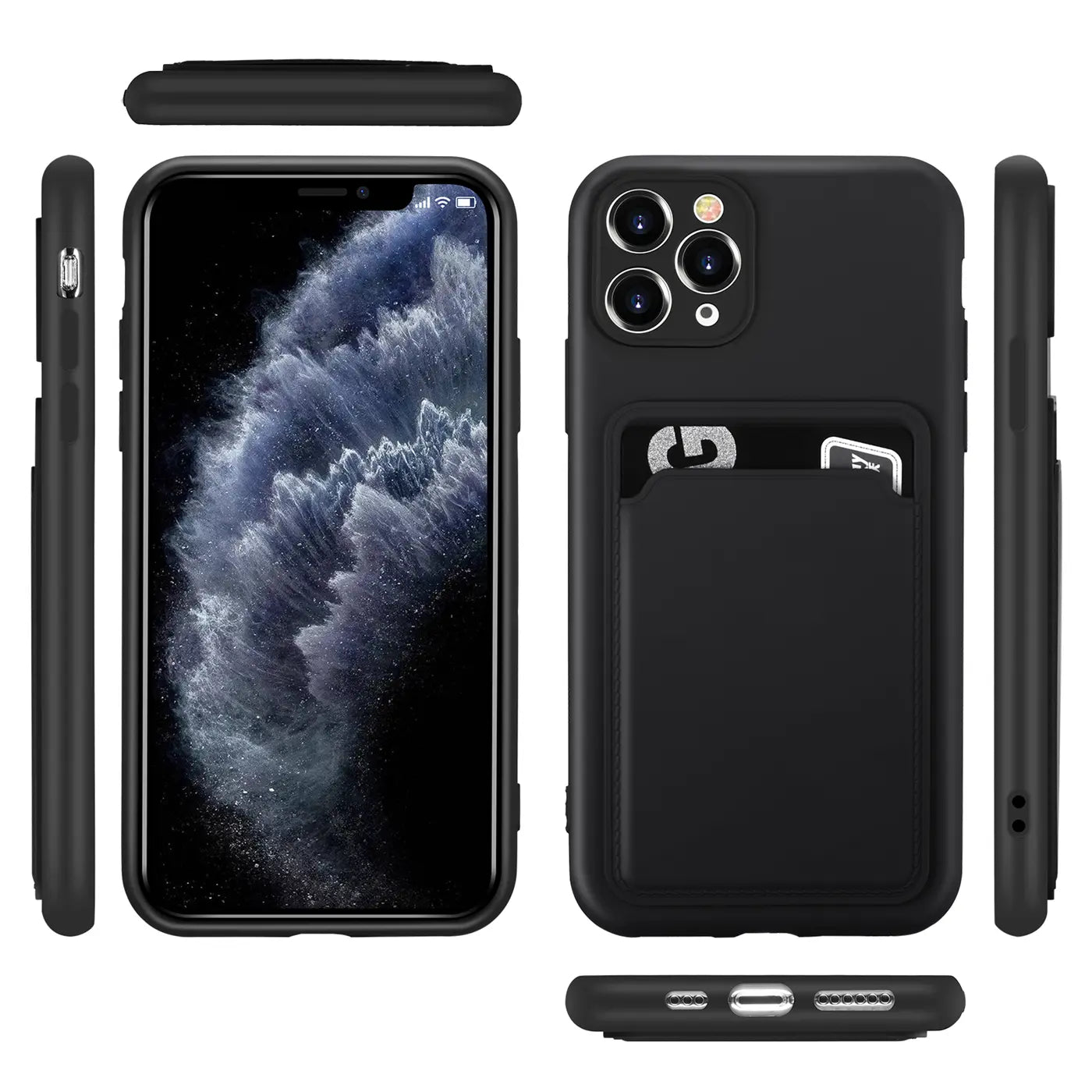 Schwarze Handyhülle aus Kunststoff mit Kartenfach für iPhone 11 Pro, verschiedene Ansichten.