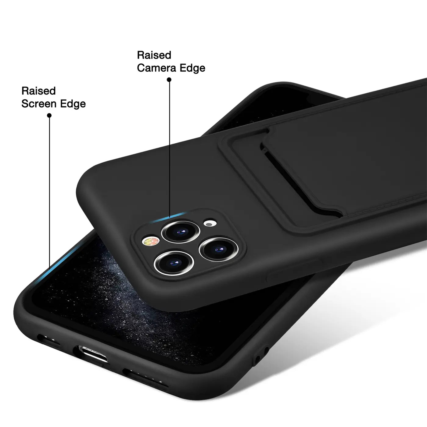 Schwarze Slim Hülle aus Kunststoff mit Kartenfach für iPhone 11 Pro, Seitenansicht.