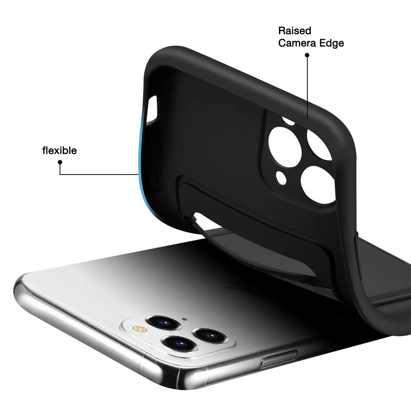 Schwarze Hülle aus flexiblem Material, die auf ein iPhone 11 Pro aufgesetzt wird.