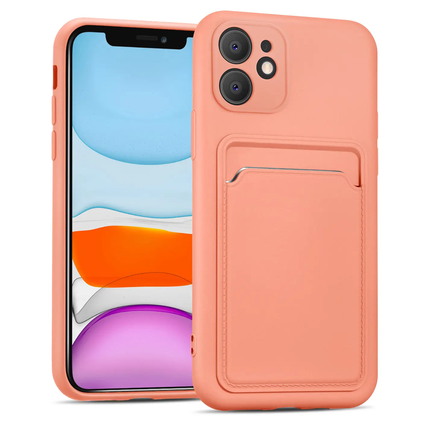Korallefarbene Slim Hülle aus Silikon mit Kartenfach für iPhone 11, Vorderansicht.
