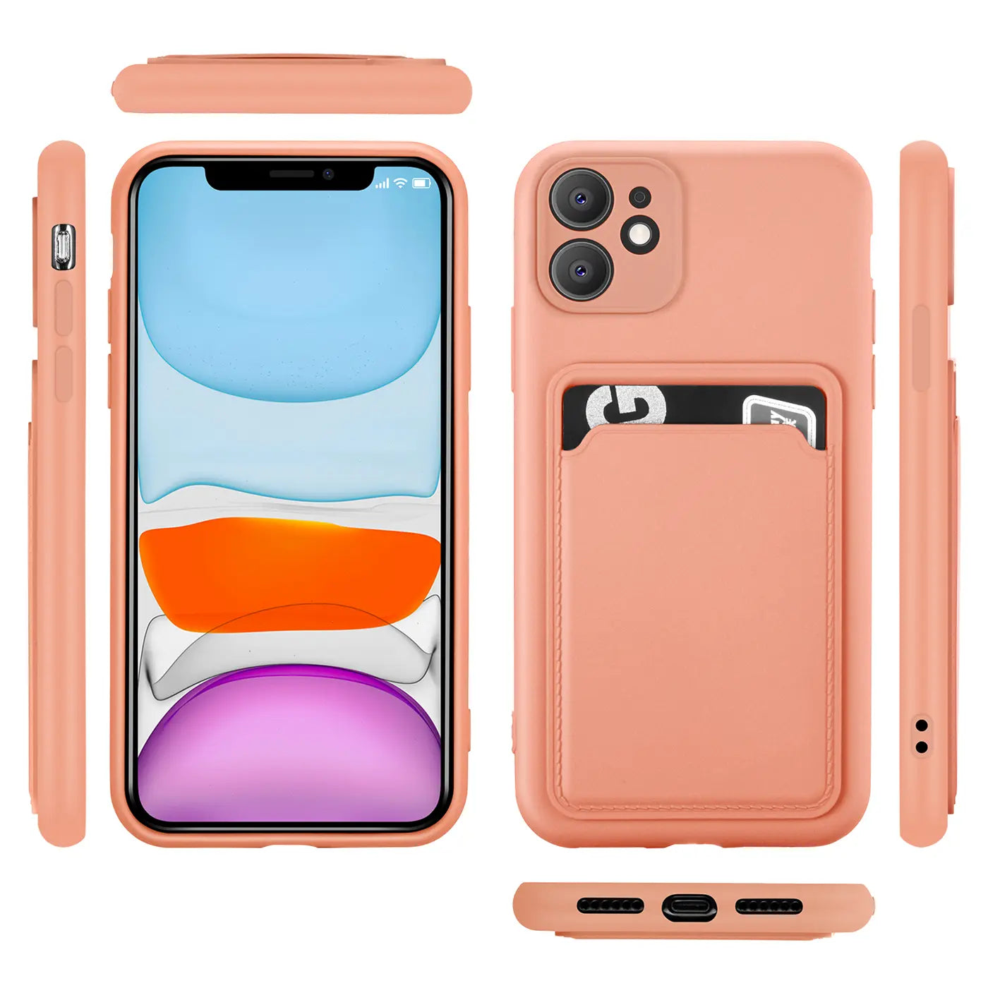 Pfirsichfarbene Hülle aus Silikon mit Kartenfach für iPhone 11, verschiedene Ansichten.